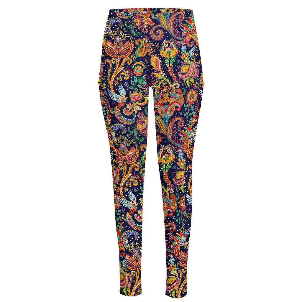 Colorful Indian Paisley Pattern Print High-Waisted Pocket Leggings