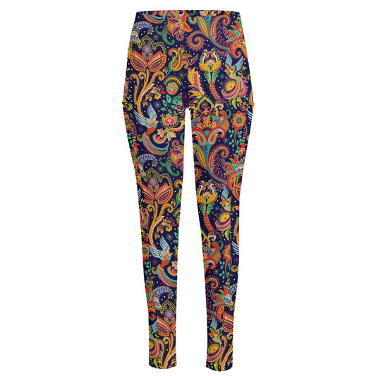 Colorful Indian Paisley Pattern Print High-Waisted Pocket Leggings