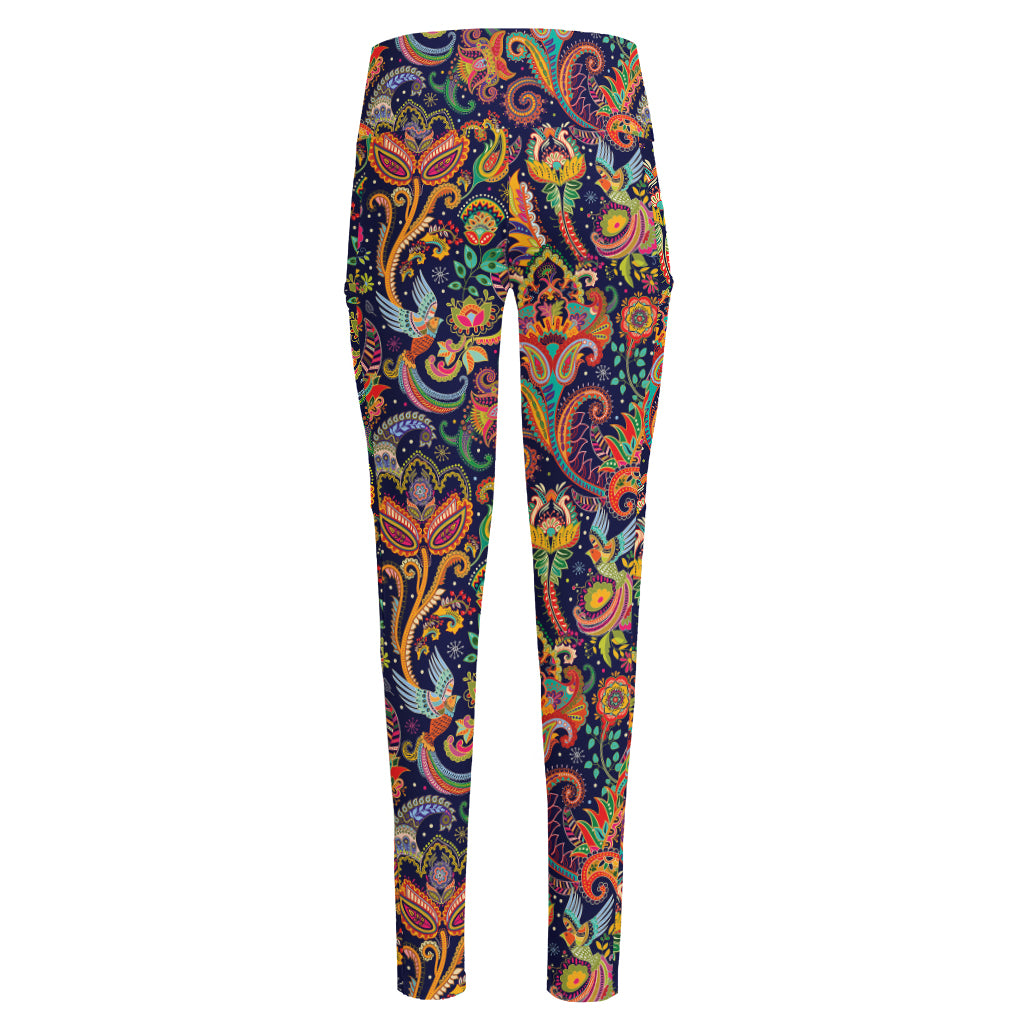 Colorful Indian Paisley Pattern Print High-Waisted Pocket Leggings