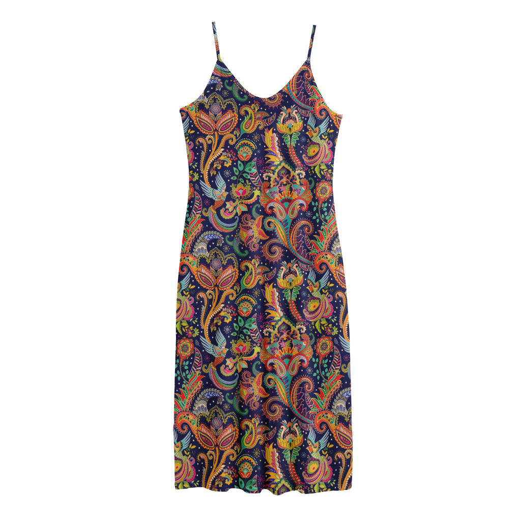Colorful Indian Paisley Pattern Print Jersey Midi Cami Dress