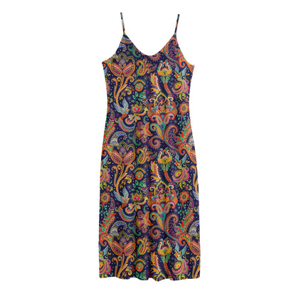 Colorful Indian Paisley Pattern Print Jersey Midi Cami Dress