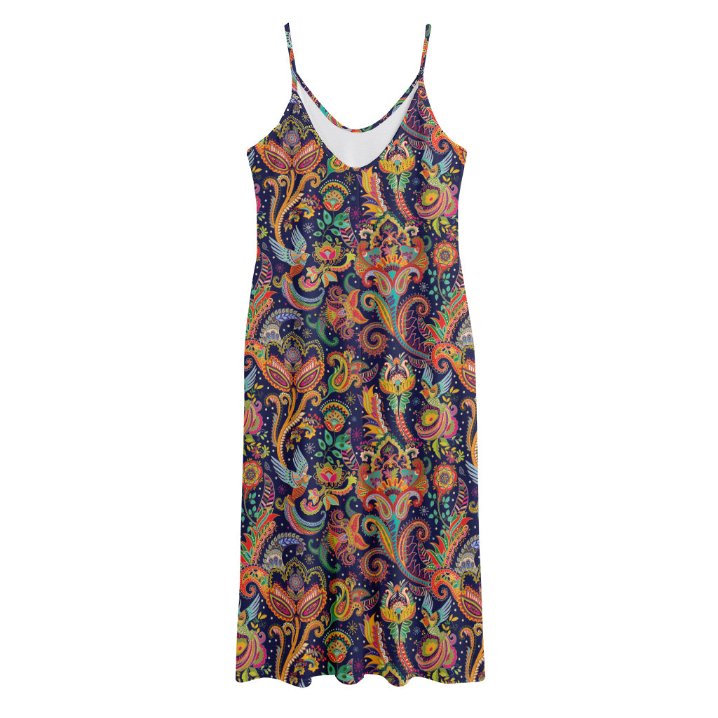 Colorful Indian Paisley Pattern Print Jersey Midi Cami Dress