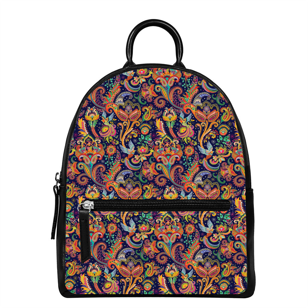 Colorful Indian Paisley Pattern Print Leather Backpack