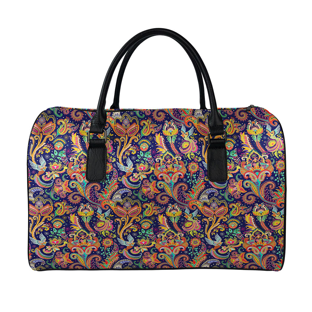 Colorful Indian Paisley Pattern Print Leather Duffle Bag