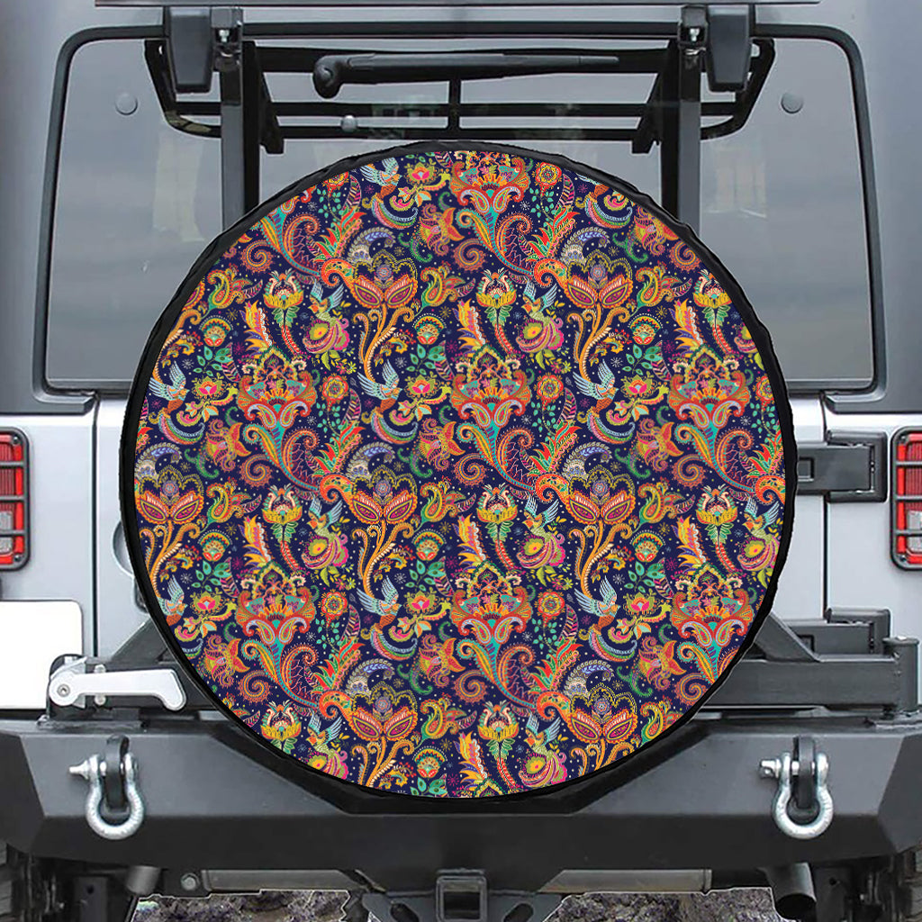Colorful Indian Paisley Pattern Print Leather Spare Tire Cover