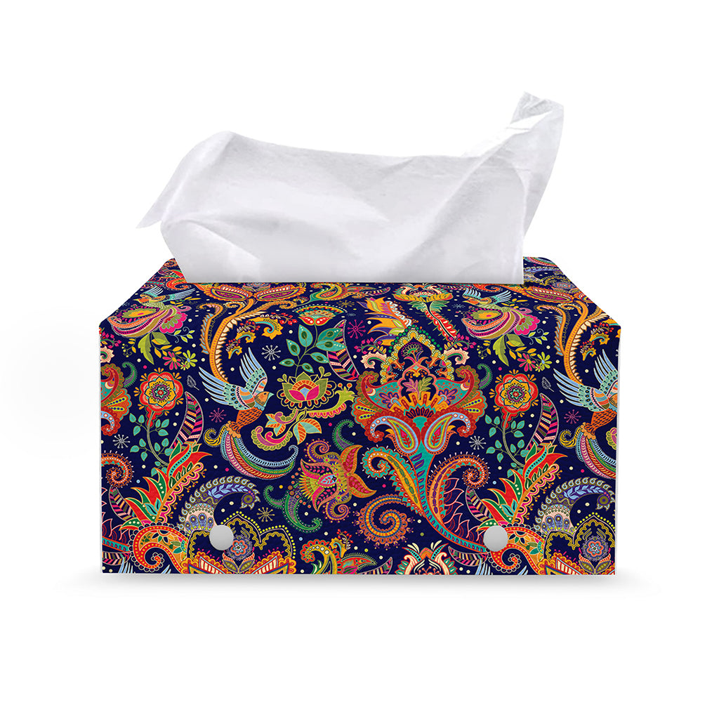 Colorful Indian Paisley Pattern Print Leather Tissue Box Cover