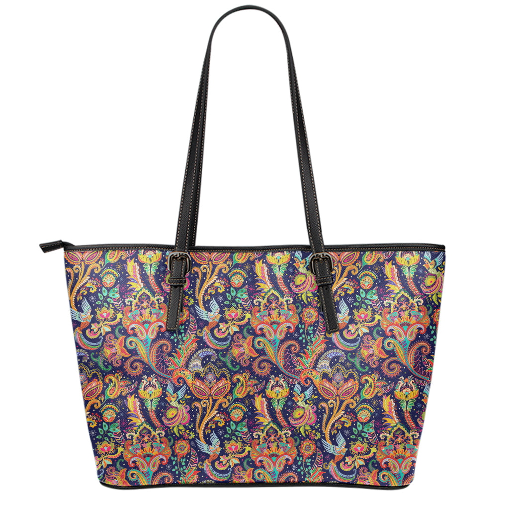 Colorful Indian Paisley Pattern Print Leather Tote Bag