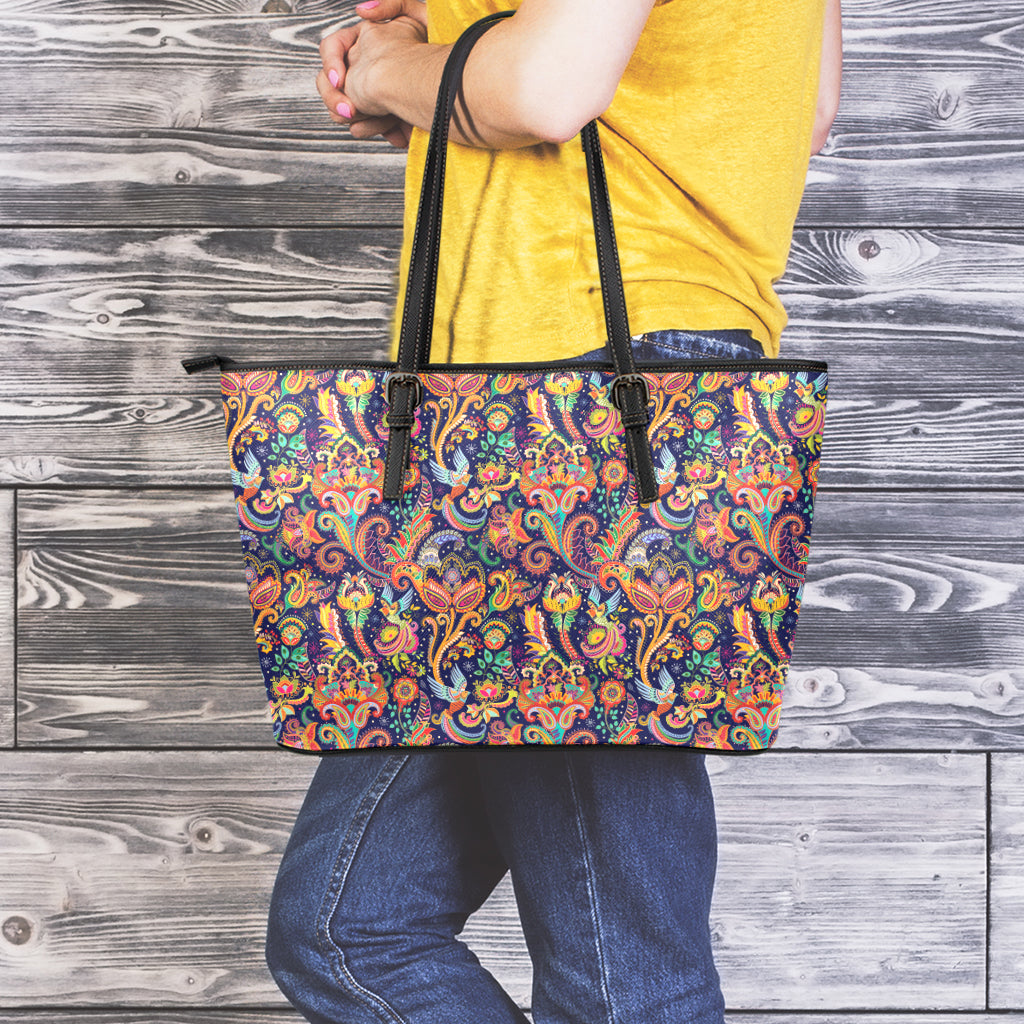 Colorful Indian Paisley Pattern Print Leather Tote Bag