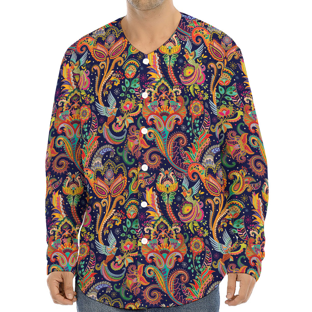 Colorful Indian Paisley Pattern Print Long Sleeve Baseball Jersey