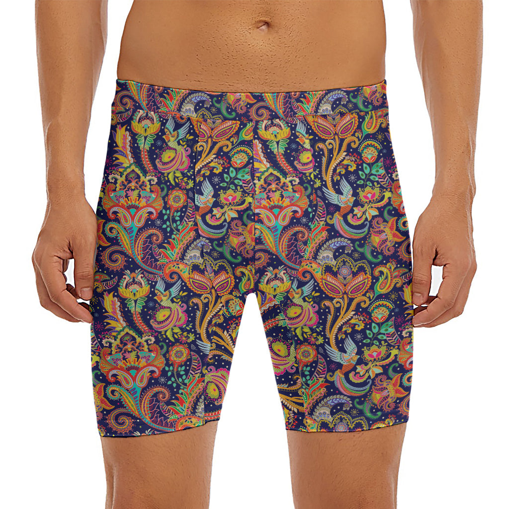 Colorful Indian Paisley Pattern Print Men's Long Boxer Briefs