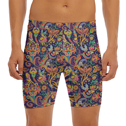 Colorful Indian Paisley Pattern Print Men's Long Boxer Briefs