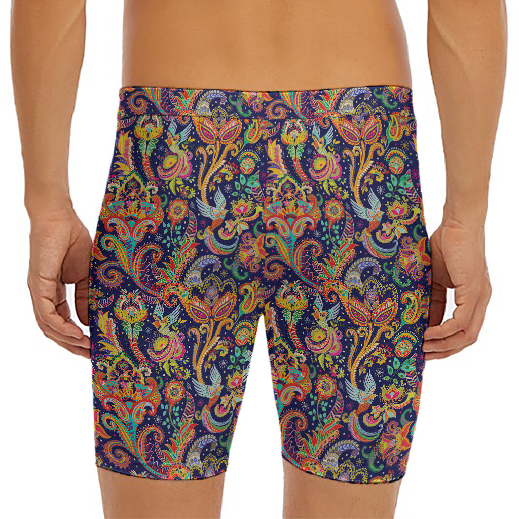 Colorful Indian Paisley Pattern Print Men's Long Boxer Briefs