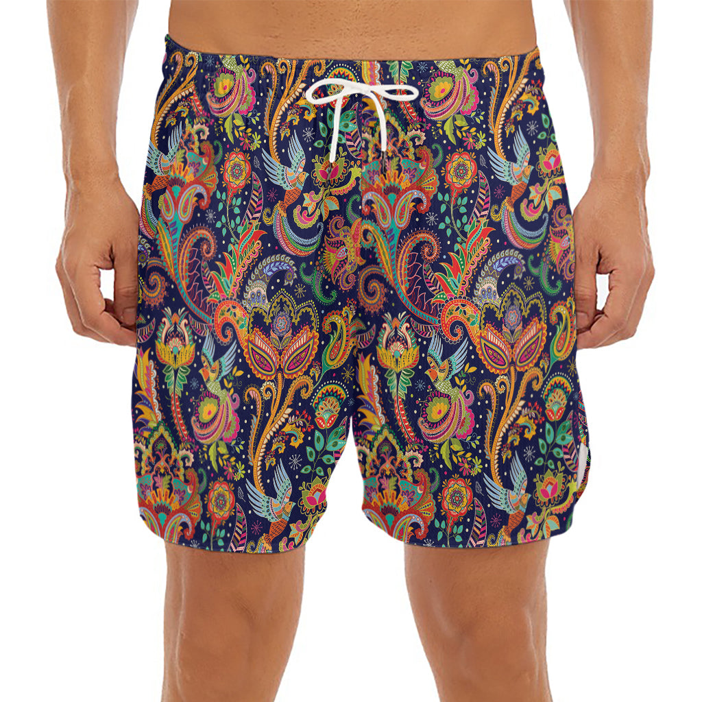 Colorful Indian Paisley Pattern Print Men's Split Running Shorts