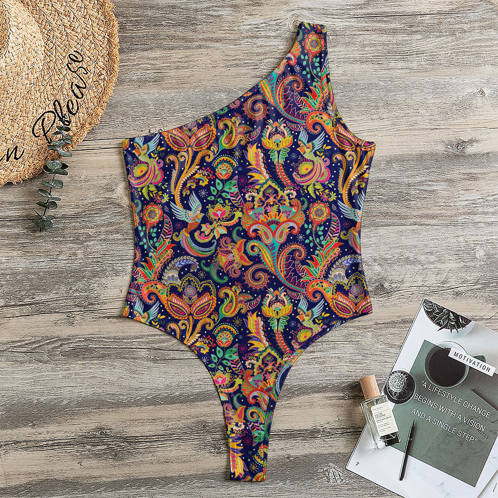Colorful Indian Paisley Pattern Print One Shoulder Bodysuit