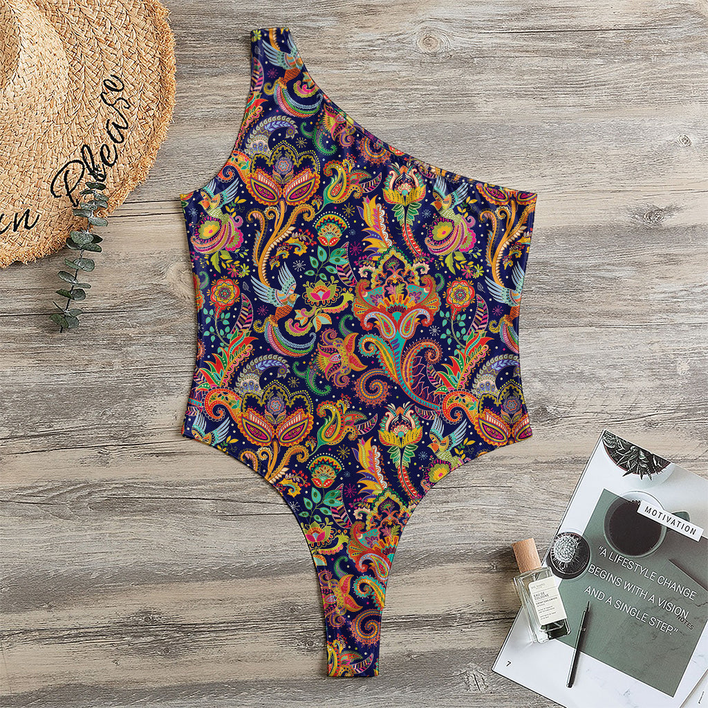 Colorful Indian Paisley Pattern Print One Shoulder Bodysuit