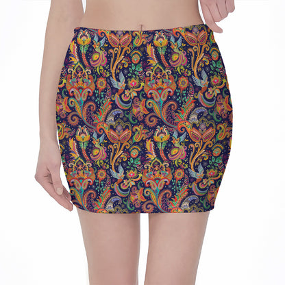 Colorful Indian Paisley Pattern Print Pencil Mini Skirt