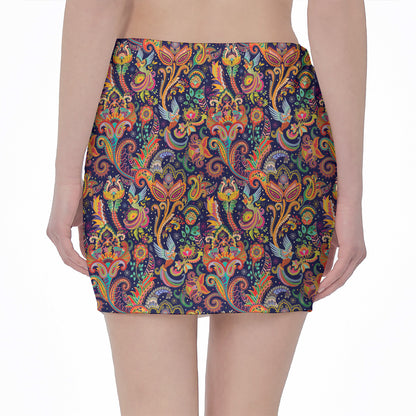 Colorful Indian Paisley Pattern Print Pencil Mini Skirt