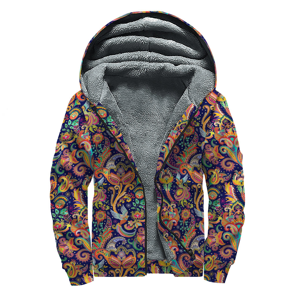 Colorful Indian Paisley Pattern Print Sherpa Lined Zip Up Hoodie