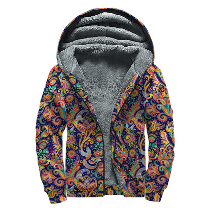 Colorful Indian Paisley Pattern Print Sherpa Lined Zip Up Hoodie