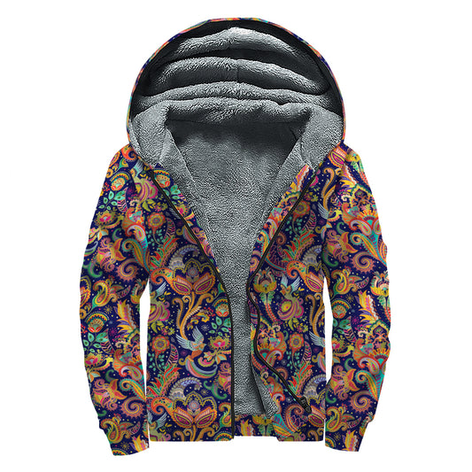 Colorful Indian Paisley Pattern Print Sherpa Lined Zip Up Hoodie