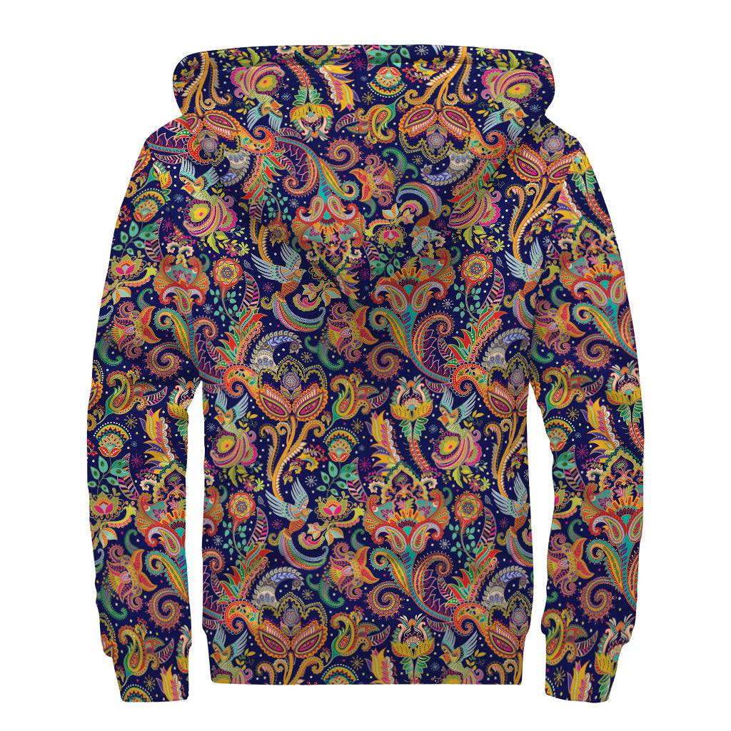 Colorful Indian Paisley Pattern Print Sherpa Lined Zip Up Hoodie
