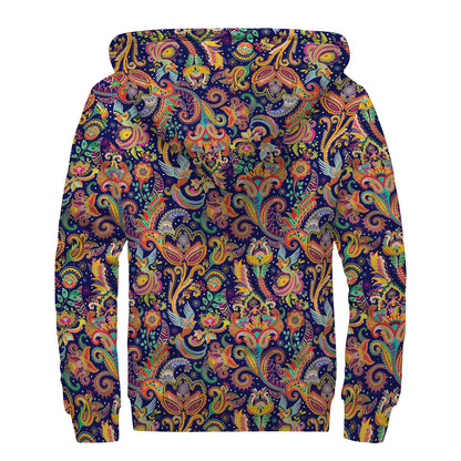 Colorful Indian Paisley Pattern Print Sherpa Lined Zip Up Hoodie