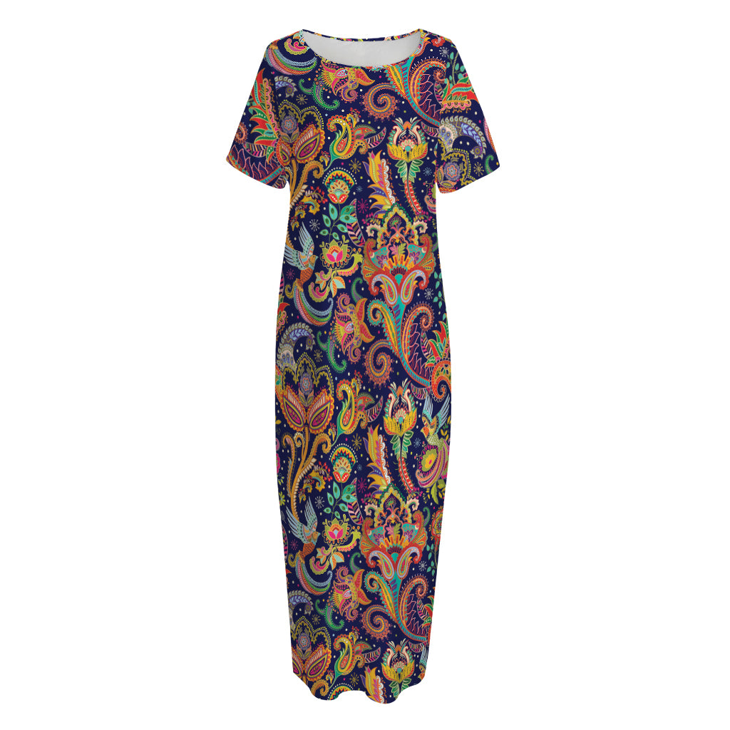 Colorful Indian Paisley Pattern Print Short Sleeve Long Nightdress