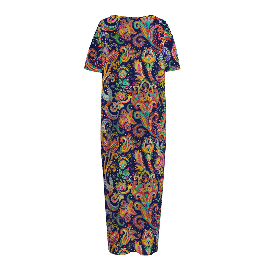 Colorful Indian Paisley Pattern Print Short Sleeve Long Nightdress