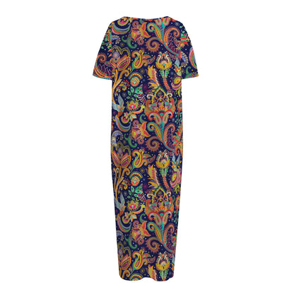 Colorful Indian Paisley Pattern Print Short Sleeve Long Nightdress