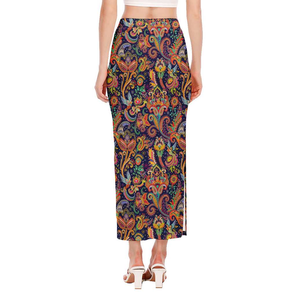 Colorful Indian Paisley Pattern Print Side Slit Maxi Skirt