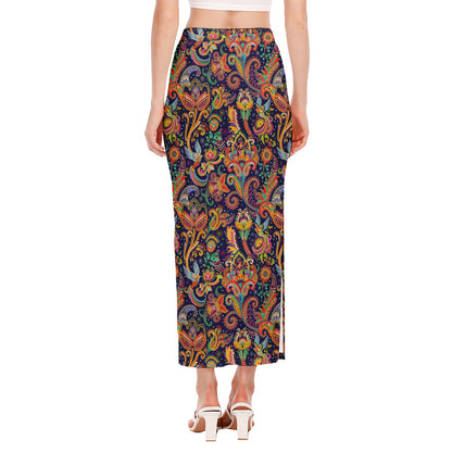 Colorful Indian Paisley Pattern Print Side Slit Maxi Skirt