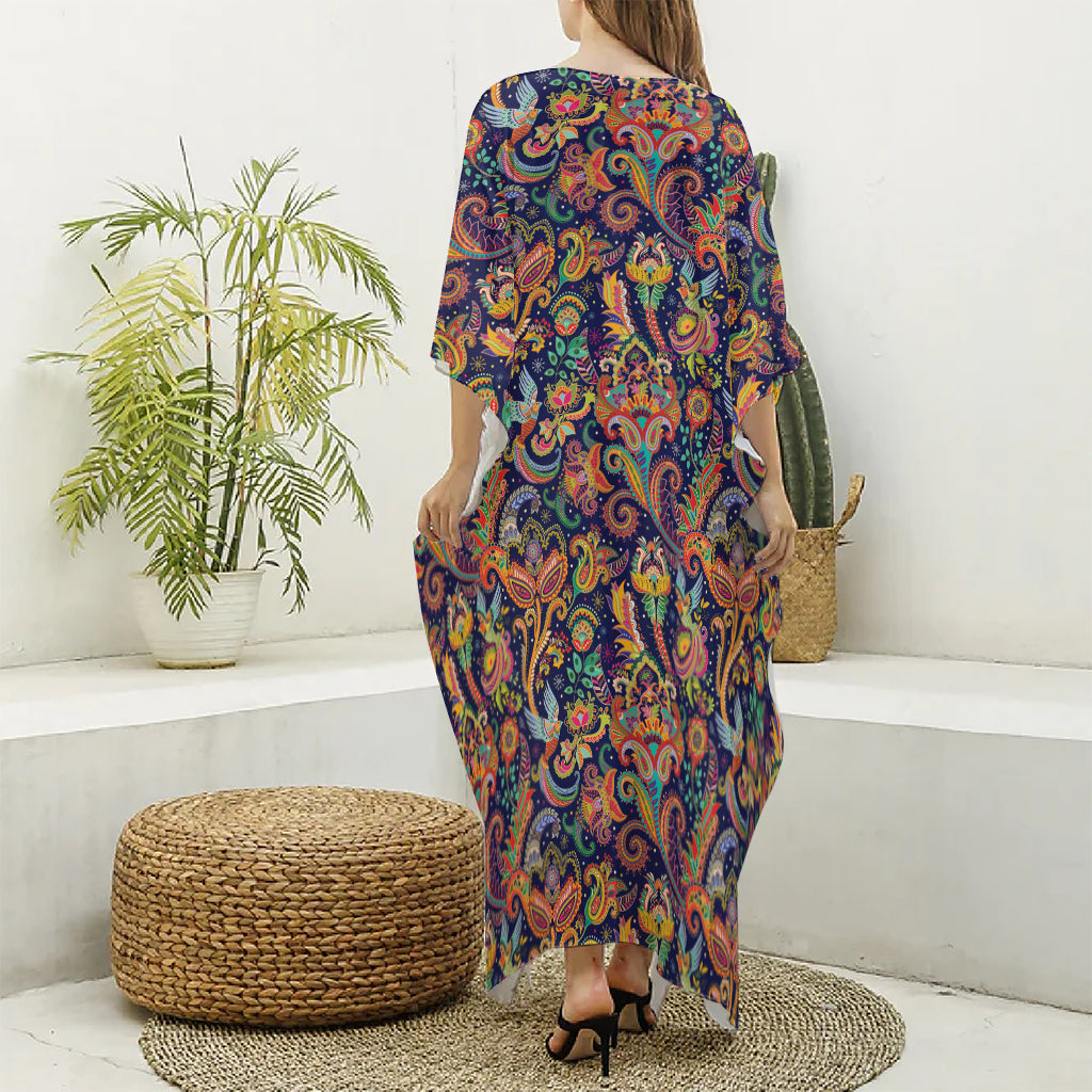Colorful Indian Paisley Pattern Print Silk V-Neck Kaftan Dress