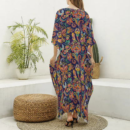 Colorful Indian Paisley Pattern Print Silk V-Neck Kaftan Dress