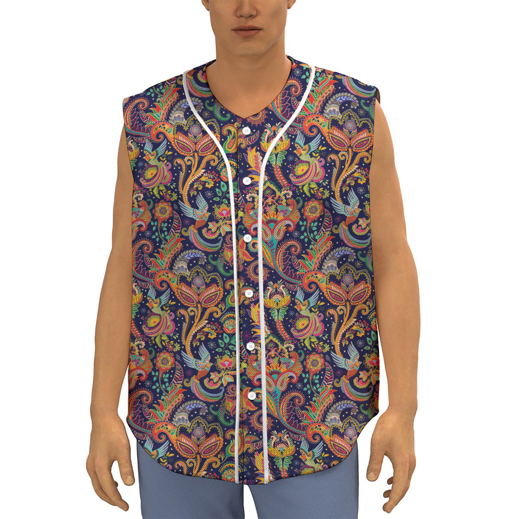 Colorful Indian Paisley Pattern Print Sleeveless Baseball Jersey