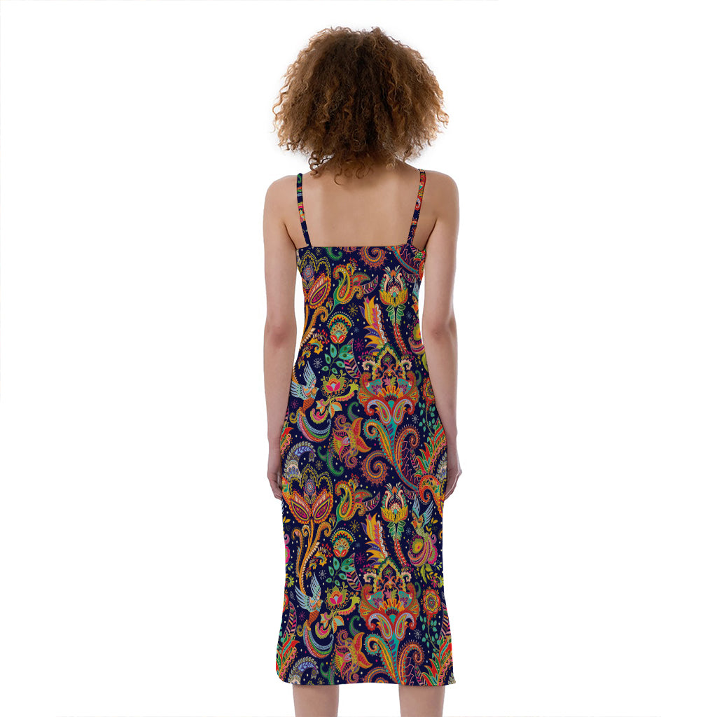 Colorful Indian Paisley Pattern Print Slim Fit Midi Cami Dress
