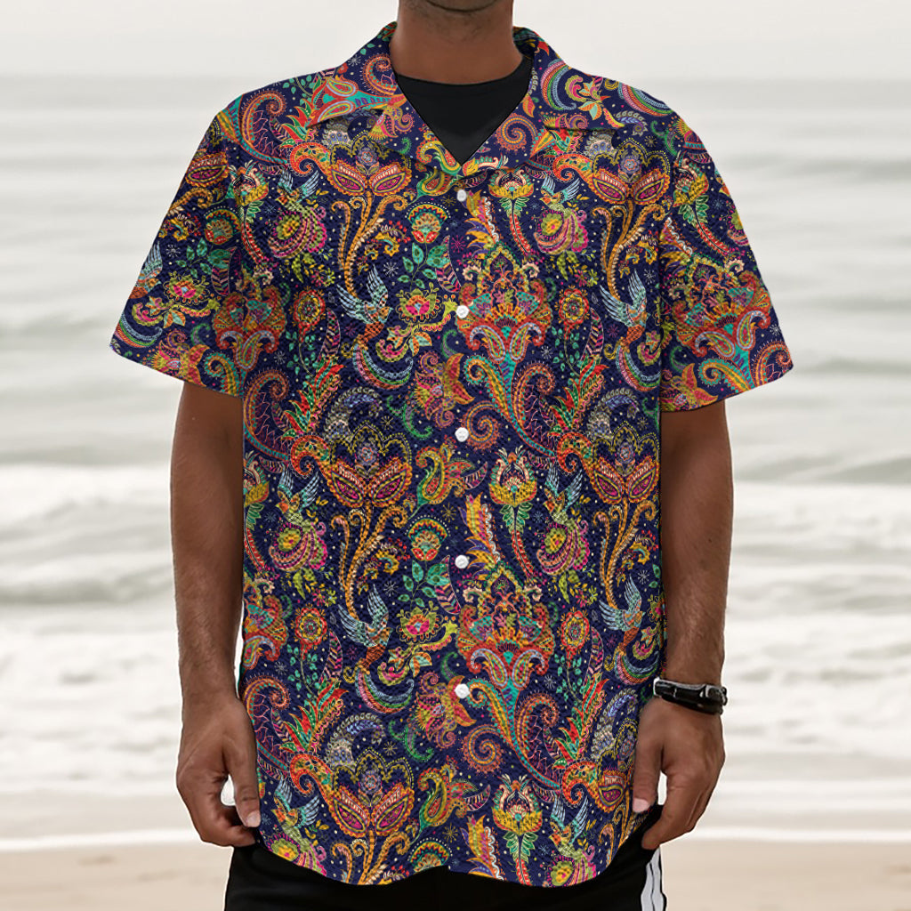 Colorful Indian Paisley Pattern Print Textured Short Sleeve Shirt