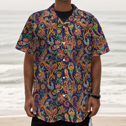 Colorful Indian Paisley Pattern Print Textured Short Sleeve Shirt