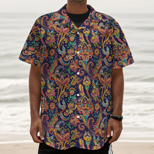 Colorful Indian Paisley Pattern Print Textured Short Sleeve Shirt