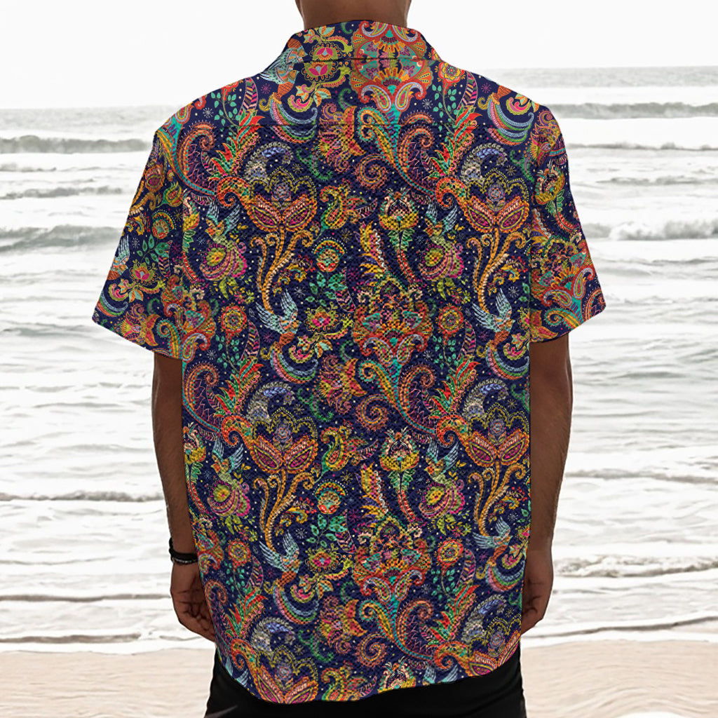Colorful Indian Paisley Pattern Print Textured Short Sleeve Shirt