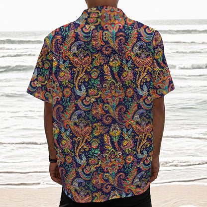 Colorful Indian Paisley Pattern Print Textured Short Sleeve Shirt