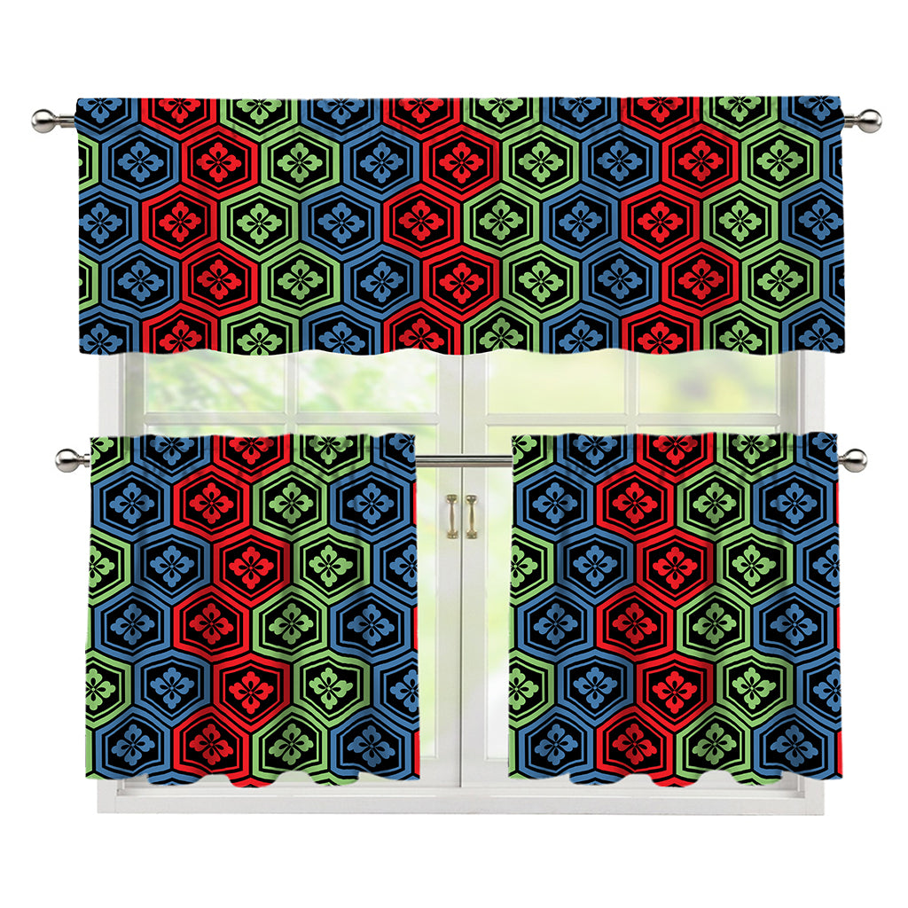 Colorful Japanese Flower Pattern Print 3 Piece Kitchen Curtains