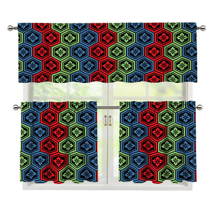 Colorful Japanese Flower Pattern Print 3 Piece Kitchen Curtains