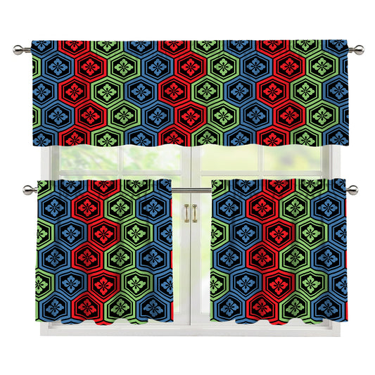 Colorful Japanese Flower Pattern Print 3 Piece Kitchen Curtains