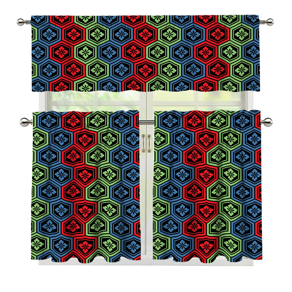 Colorful Japanese Flower Pattern Print 3 Piece Kitchen Curtains
