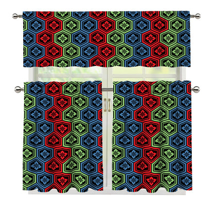 Colorful Japanese Flower Pattern Print 3 Piece Kitchen Curtains
