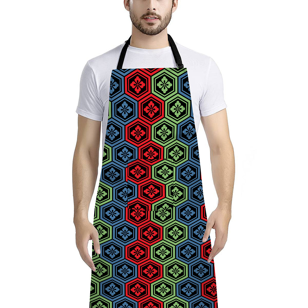 Colorful Japanese Flower Pattern Print Bib Apron With Pocket