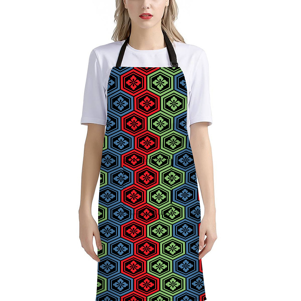 Colorful Japanese Flower Pattern Print Bib Apron With Pocket