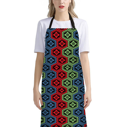 Colorful Japanese Flower Pattern Print Bib Apron With Pocket