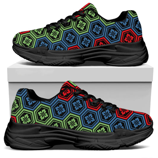 Colorful Japanese Flower Pattern Print Black Chunky Shoes