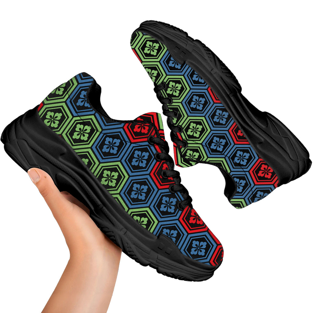 Colorful Japanese Flower Pattern Print Black Chunky Shoes